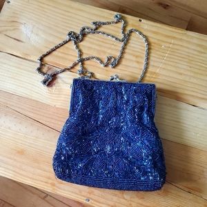 Blue beaded clutch purse with long chain strap